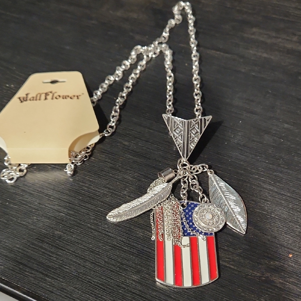 Wallflower Patriotic Long Stylish Silvertone  Chain Necklace With Multiple Charm